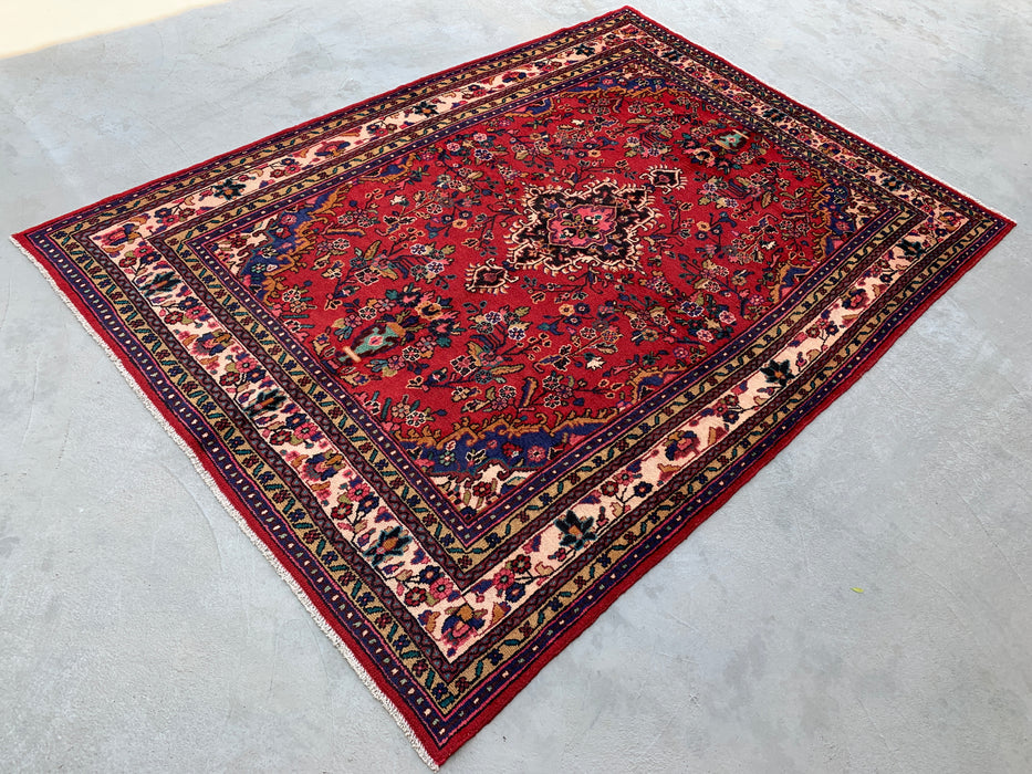 Handmade Persian Wool Area Rug 7x10 - Red Floral Medallion Persian Style Rug with Ivory Border - Exact Size 9'8" x 6'11" - KBHM-849