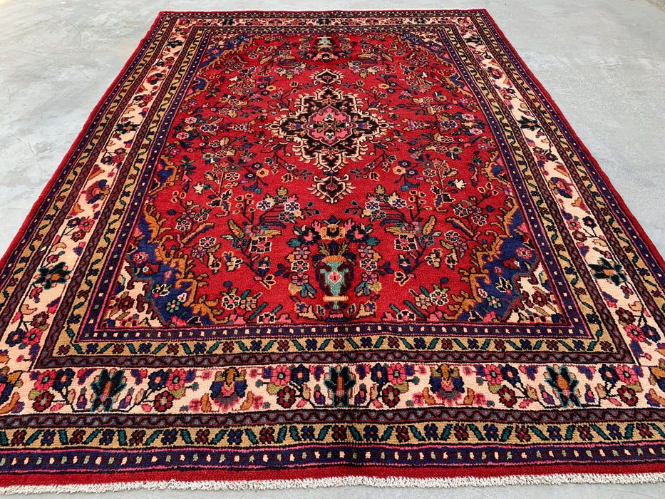 Handmade Persian Wool Area Rug 7x10 - Red Floral Medallion Persian Style Rug with Ivory Border - Exact Size 9'8" x 6'11" - KBHM-849
