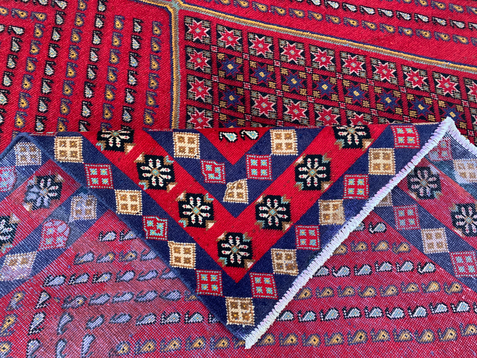 Handmade Persian Wool Area Rug 7x10 - Red Geometric Diamond Persian Style Rug with Navy Border - Exact Size 9'8" x 6'4" - KBHM-850