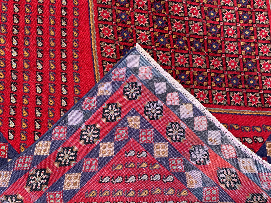 Handmade Persian Wool Area Rug 7x10 - Red Geometric Diamond Persian Style Rug with Navy Border - Exact Size 9'8" x 6'4" - KBHM-850