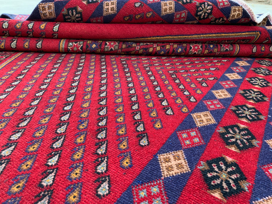 Handmade Persian Wool Area Rug 7x10 - Red Geometric Diamond Persian Style Rug with Navy Border - Exact Size 9'8" x 6'4" - KBHM-850