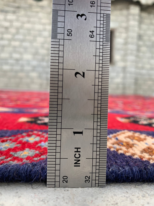 Handmade Persian Wool Area Rug 7x10 - Red Geometric Diamond Persian Style Rug with Navy Border - Exact Size 9'8" x 6'4" - KBHM-850