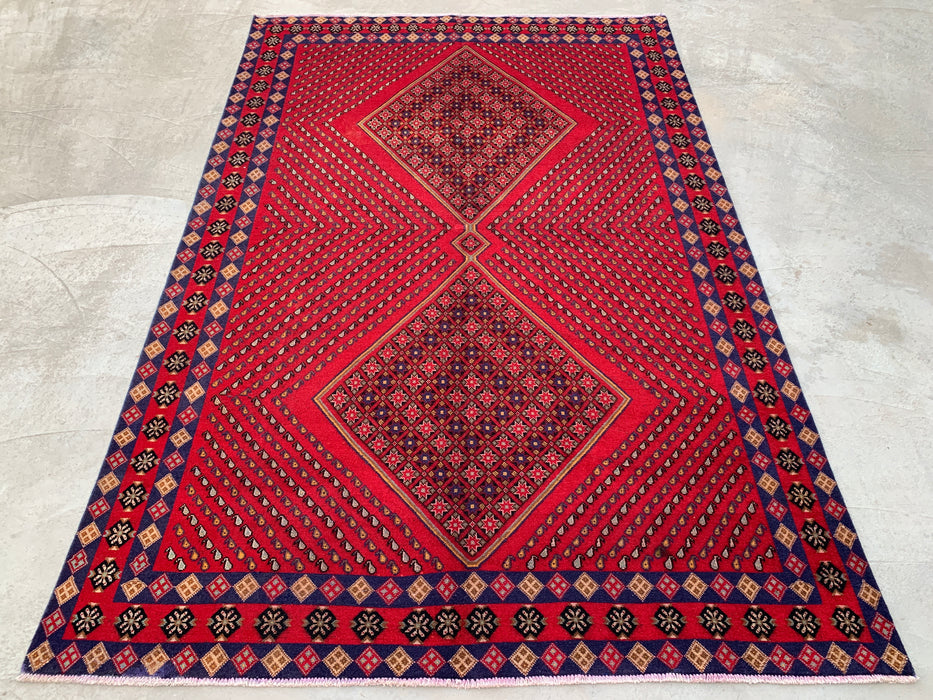 Handmade Persian Wool Area Rug 7x10 - Red Geometric Diamond Persian Style Rug with Navy Border - Exact Size 9'8" x 6'4" - KBHM-850