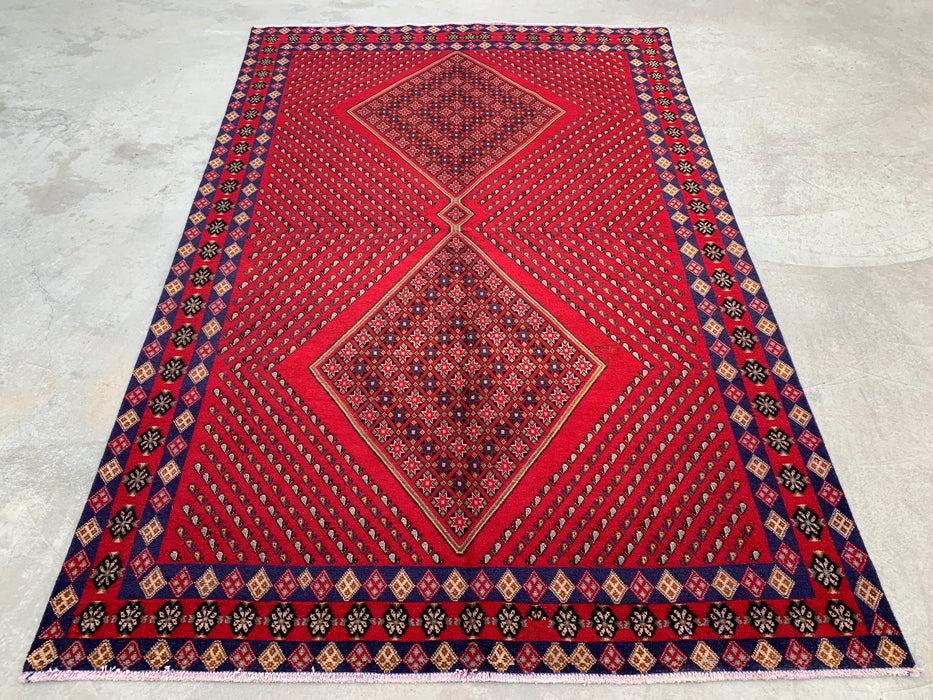 Handmade Persian Wool Area Rug 7x10 - Red Geometric Diamond Persian Style Rug with Navy Border - Exact Size 9'8" x 6'4" - KBHM-850