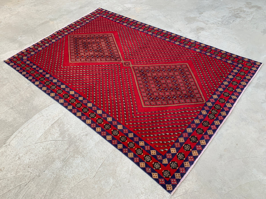 Handmade Persian Wool Area Rug 7x10 - Red Geometric Diamond Persian Style Rug with Navy Border - Exact Size 9'8" x 6'4" - KBHM-850