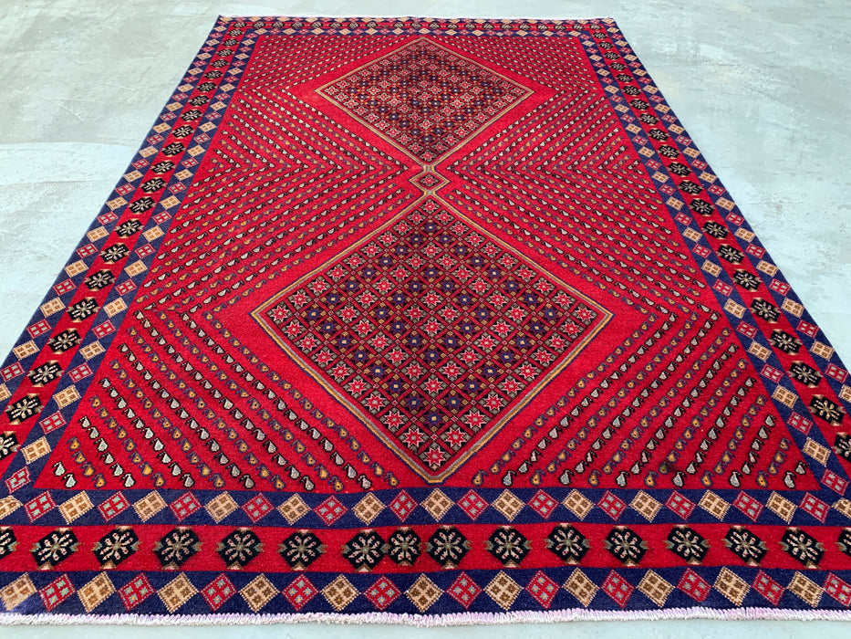 Handmade Persian Wool Area Rug 7x10 - Red Geometric Diamond Persian Style Rug with Navy Border - Exact Size 9'8" x 6'4" - KBHM-850