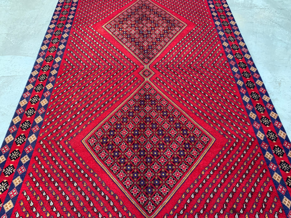 Handmade Persian Wool Area Rug 7x10 - Red Geometric Diamond Persian Style Rug with Navy Border - Exact Size 9'8" x 6'4" - KBHM-850