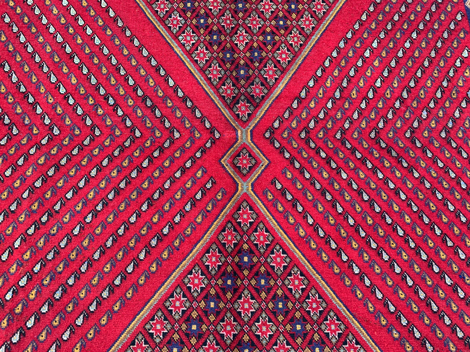Handmade Persian Wool Area Rug 7x10 - Red Geometric Diamond Persian Style Rug with Navy Border - Exact Size 9'8" x 6'4" - KBHM-850