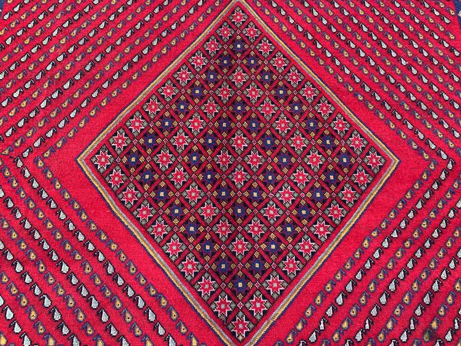 Handmade Persian Wool Area Rug 7x10 - Red Geometric Diamond Persian Style Rug with Navy Border - Exact Size 9'8" x 6'4" - KBHM-850