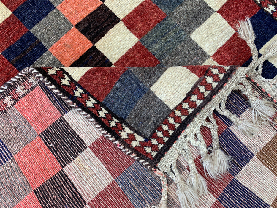 Handmade Persian Wool Area Rug 7x10 - Red Geometric Diamond Persian Style Rug with Navy Border - Exact Size 9'8" x 6'4" - KBHM-850