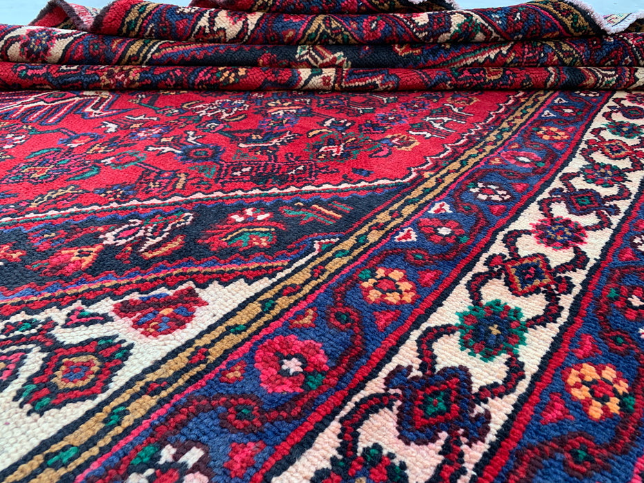 Handmade Persian Wool Area Rug 7x10 - Red Geometric Medallion Persian Style Rug with Ivory Border - Exact Size 9'1" x 6'8" - KBHM-851