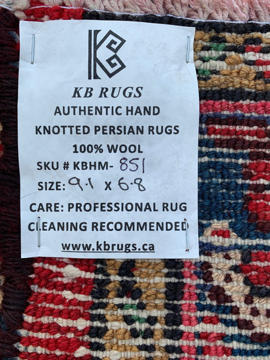 Handmade Persian Wool Area Rug 7x10 - Red Geometric Medallion Persian Style Rug with Ivory Border - Exact Size 9'1" x 6'8" - KBHM-851