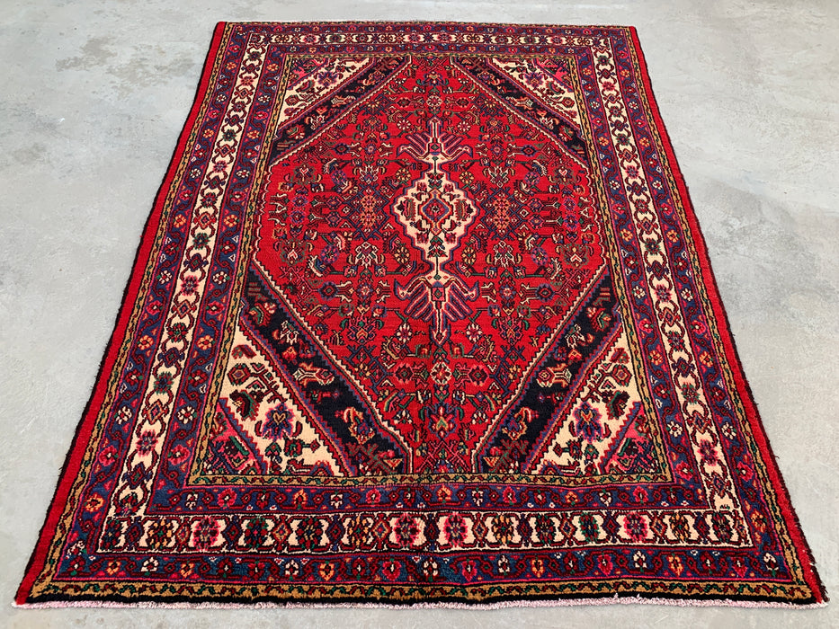 Handmade Persian Wool Area Rug 7x10 - Red Geometric Medallion Persian Style Rug with Ivory Border - Exact Size 9'1" x 6'8" - KBHM-851