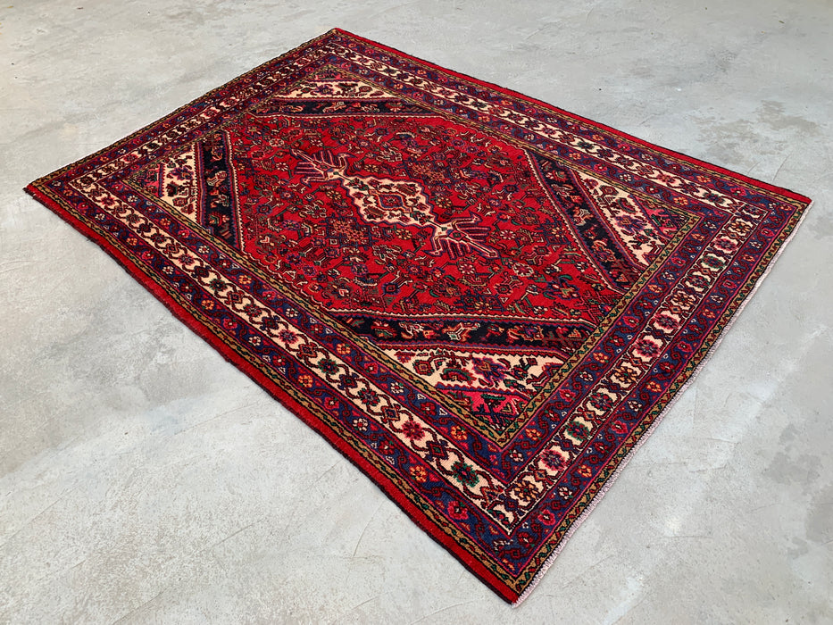 Handmade Persian Wool Area Rug 7x10 - Red Geometric Medallion Persian Style Rug with Ivory Border - Exact Size 9'1" x 6'8" - KBHM-851
