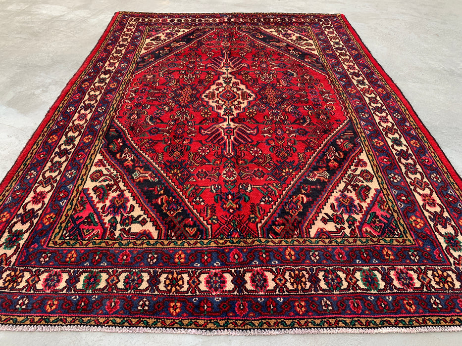 Handmade Persian Wool Area Rug 7x10 - Red Geometric Medallion Persian Style Rug with Ivory Border - Exact Size 9'1" x 6'8" - KBHM-851