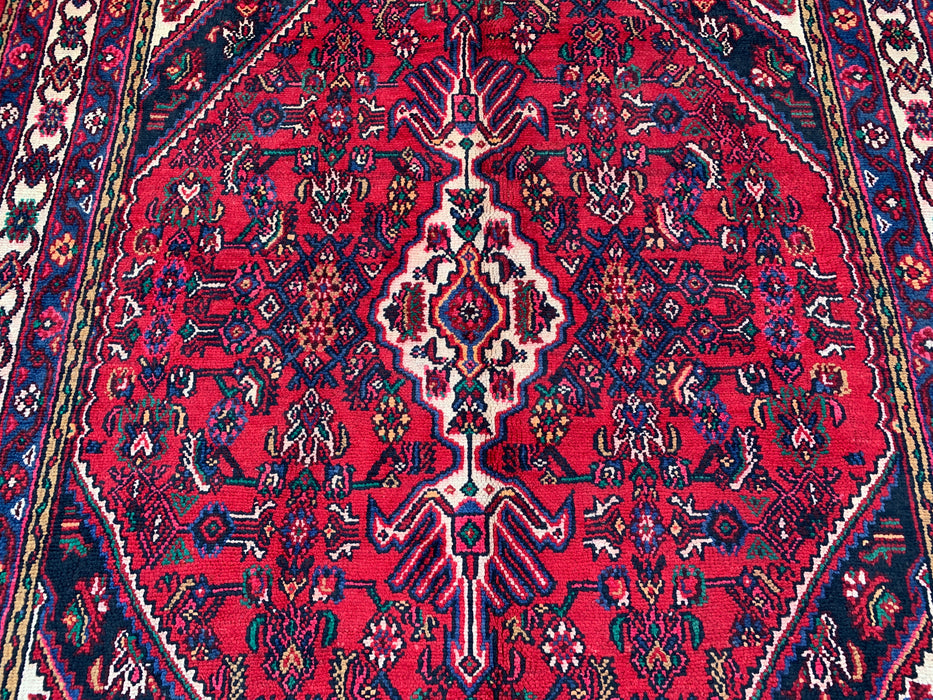Handmade Persian Wool Area Rug 7x10 - Red Geometric Medallion Persian Style Rug with Ivory Border - Exact Size 9'1" x 6'8" - KBHM-851