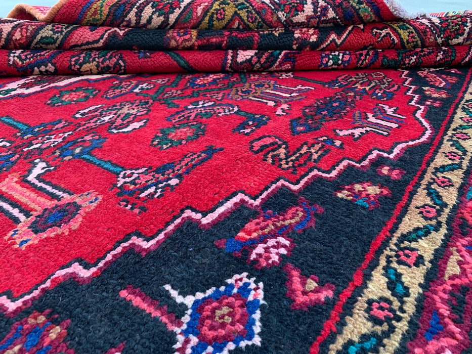 Handmade Persian Wool Area Rug 7x10 - Red Geometric Medallion Persian Style Rug with Ivory Border - Exact Size 9'8" x 6'10" - KBHM-853