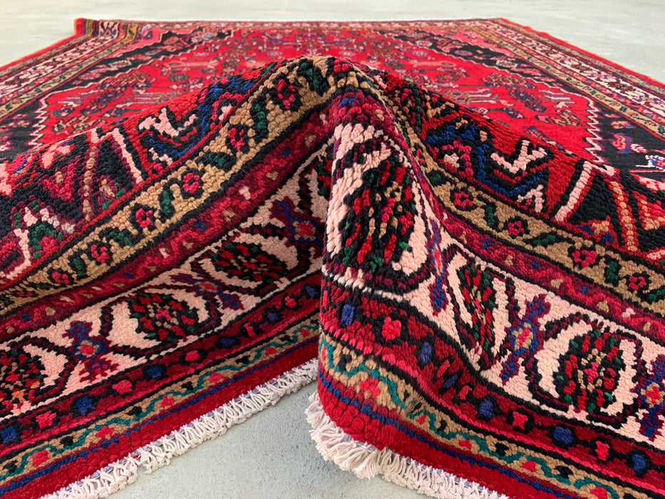 Handmade Persian Wool Area Rug 7x10 - Red Geometric Medallion Persian Style Rug with Ivory Border - Exact Size 9'8" x 6'10" - KBHM-853
