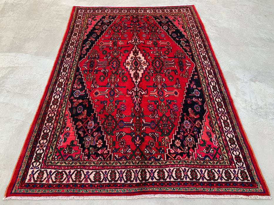 Handmade Persian Wool Area Rug 7x10 - Red Geometric Medallion Persian Style Rug with Ivory Border - Exact Size 9'8" x 6'10" - KBHM-853