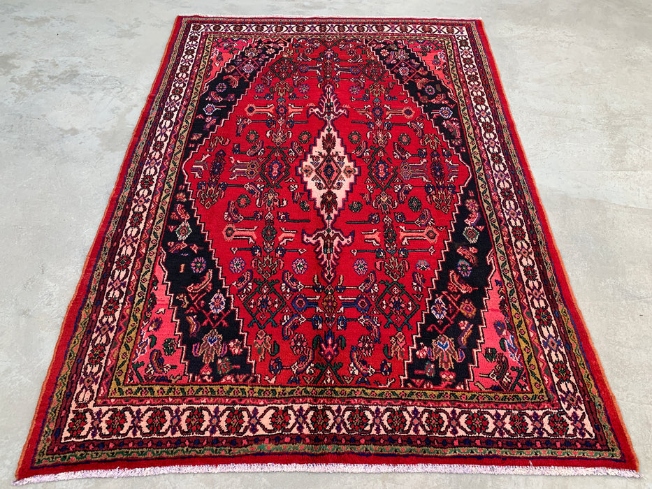 Handmade Persian Wool Area Rug 7x10 - Red Geometric Medallion Persian Style Rug with Ivory Border - Exact Size 9'8" x 6'10" - KBHM-853