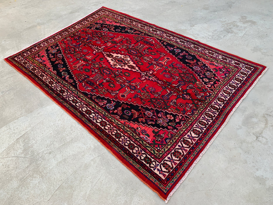 Handmade Persian Wool Area Rug 7x10 - Red Geometric Medallion Persian Style Rug with Ivory Border - Exact Size 9'8" x 6'10" - KBHM-853