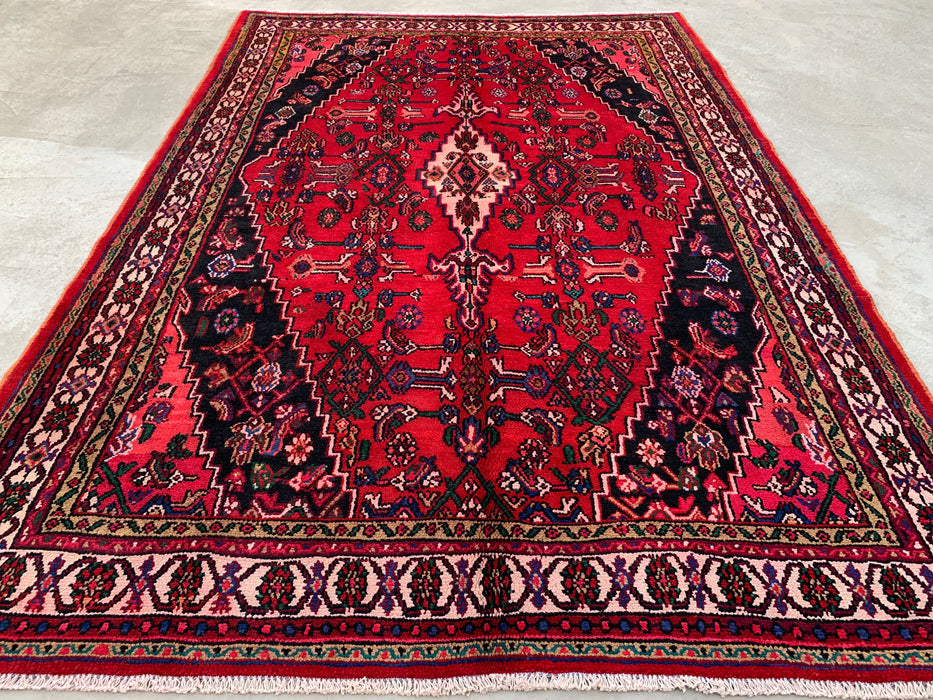 Handmade Persian Wool Area Rug 7x10 - Red Geometric Medallion Persian Style Rug with Ivory Border - Exact Size 9'8" x 6'10" - KBHM-853