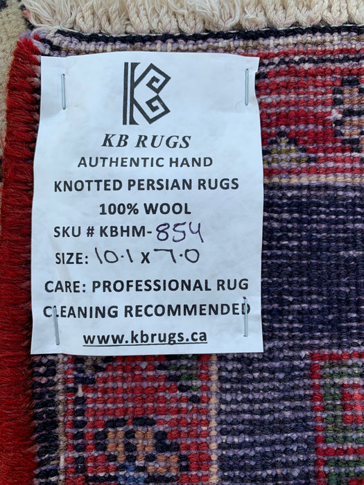 10'1 x 7'0 Hand-Knotted Persian Wool Rug - Red Panel Design with Blue & Gray Tribal Border - KBHM-854