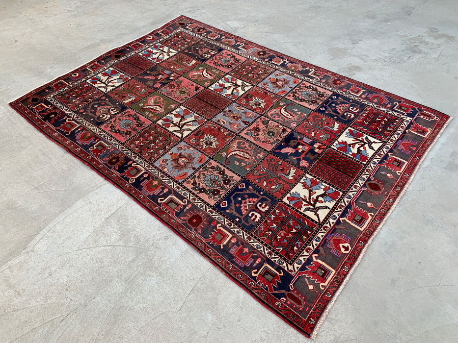 10'1 x 7'0 Hand-Knotted Persian Wool Rug - Red Panel Design with Blue & Gray Tribal Border - KBHM-854