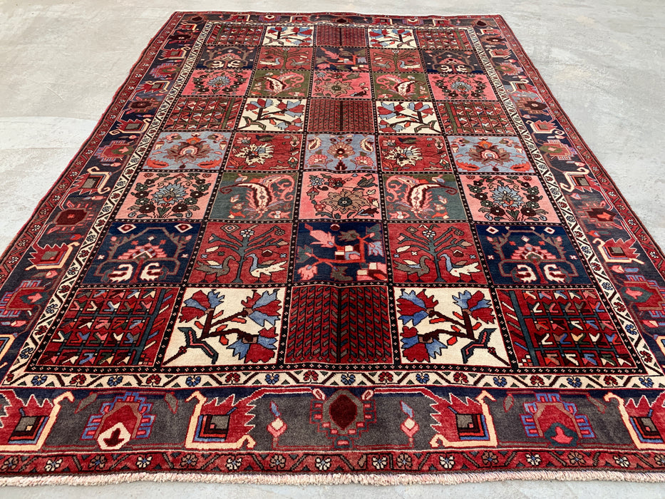 10'1 x 7'0 Hand-Knotted Persian Wool Rug - Red Panel Design with Blue & Gray Tribal Border - KBHM-854