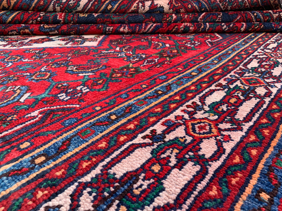 Handmade Persian Wool Area Rug 7x10 - Red Geometric Medallion Persian Style Rug with Ivory Border - Exact Size 10'0" x 6'11" - KBHM-855