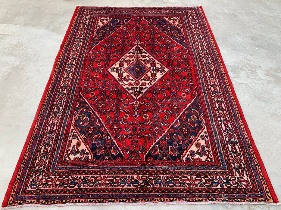 Handmade Persian Wool Area Rug 7x10 - Red Geometric Medallion Persian Style Rug with Ivory Border - Exact Size 10'0" x 6'11" - KBHM-855