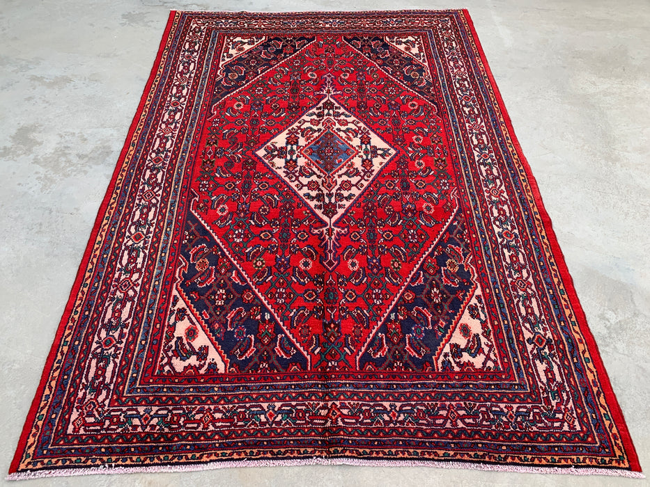 Handmade Persian Wool Area Rug 7x10 - Red Geometric Medallion Persian Style Rug with Ivory Border - Exact Size 10'0" x 6'11" - KBHM-855