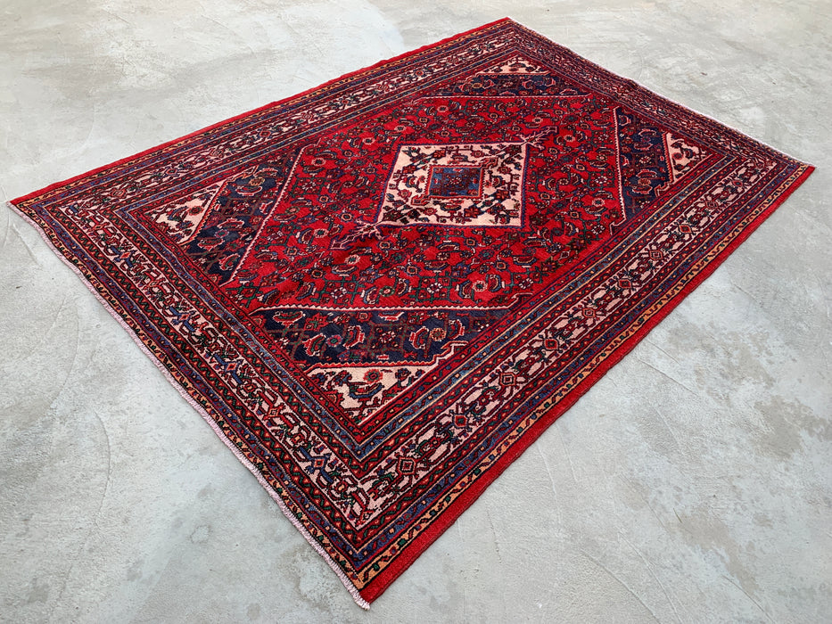 Handmade Persian Wool Area Rug 7x10 - Red Geometric Medallion Persian Style Rug with Ivory Border - Exact Size 10'0" x 6'11" - KBHM-855