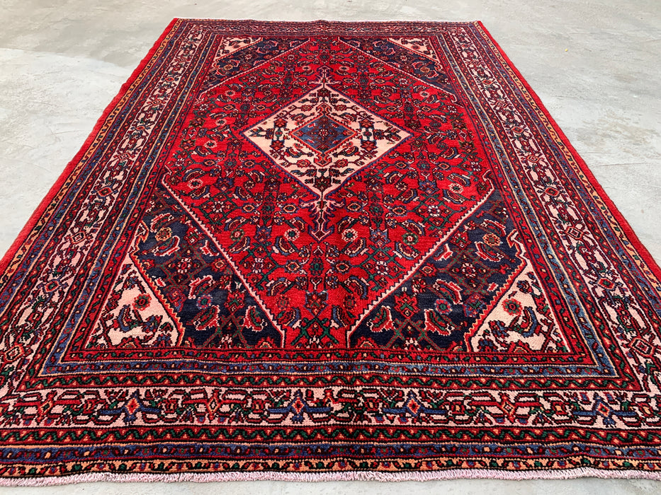 Handmade Persian Wool Area Rug 7x10 - Red Geometric Medallion Persian Style Rug with Ivory Border - Exact Size 10'0" x 6'11" - KBHM-855