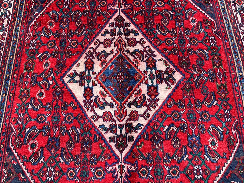 Handmade Persian Wool Area Rug 7x10 - Red Geometric Medallion Persian Style Rug with Ivory Border - Exact Size 10'0" x 6'11" - KBHM-855