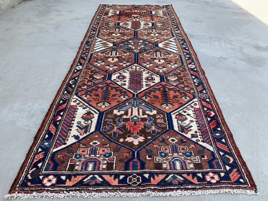 9'11 x 3'8 Hand-Knotted Persian Wool Runner - Tribal Hexagon Panel Design in Brown & Navy - KBHM-856