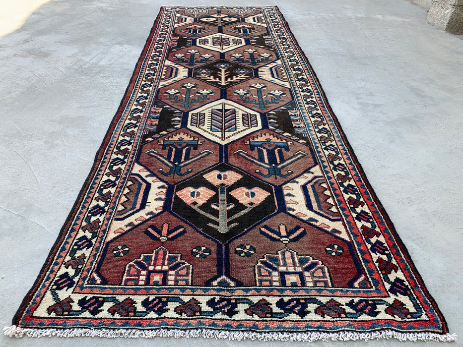 9'11 x 3'5 Hand-Knotted Persian Wool Runner - Tribal Hexagon Design in Brown & Navy - KBHM-857