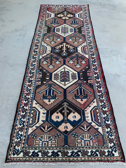 9'11 x 3'5 Hand-Knotted Persian Wool Runner - Tribal Hexagon Design in Brown & Navy - KBHM-857