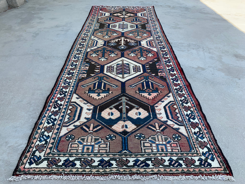 9'11 x 3'5 Hand-Knotted Persian Wool Runner - Tribal Hexagon Design in Brown & Navy - KBHM-857