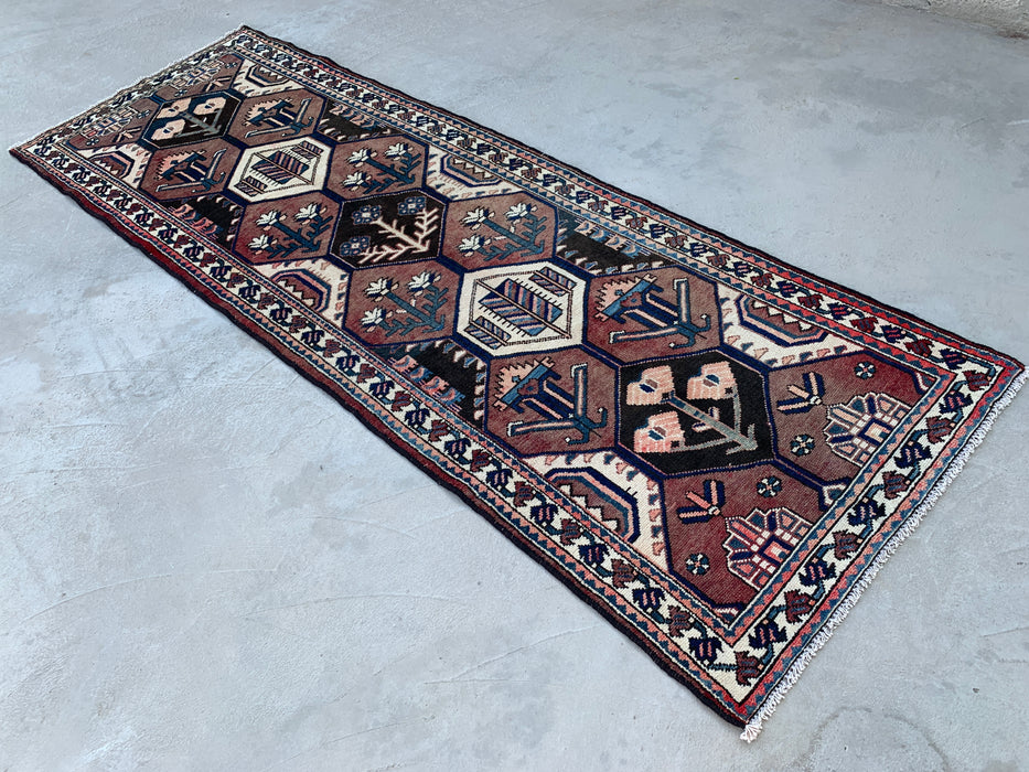 9'11 x 3'5 Hand-Knotted Persian Wool Runner - Tribal Hexagon Design in Brown & Navy - KBHM-857