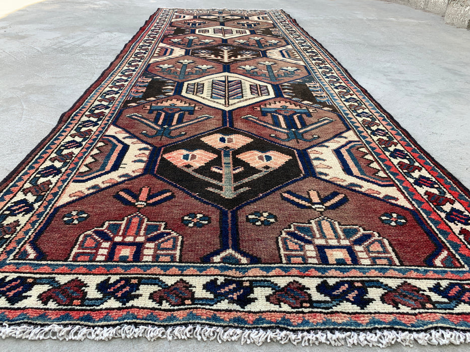 9'11 x 3'5 Hand-Knotted Persian Wool Runner - Tribal Hexagon Design in Brown & Navy - KBHM-857