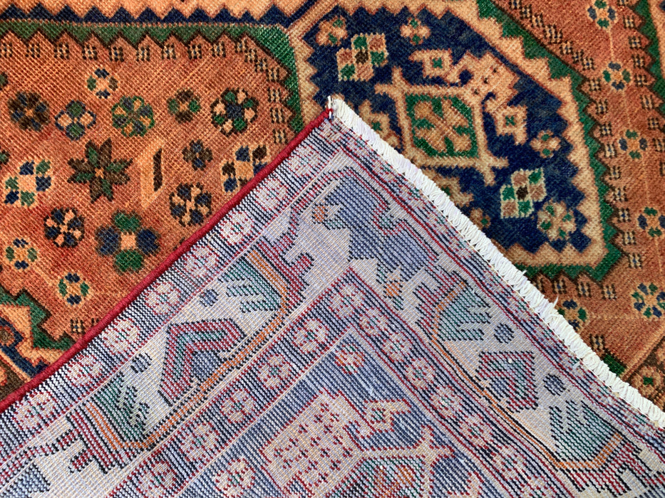 6'4 x 4'8 Hand-Knotted Persian Wool Rug - Beige Geometric Medallion Design with Navy & Green Accents - KBHM-858