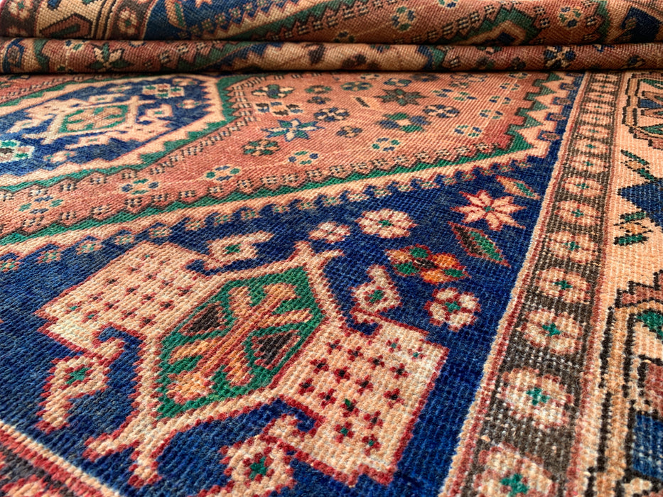 6'4 x 4'8 Hand-Knotted Persian Wool Rug - Beige Geometric Medallion Design with Navy & Green Accents - KBHM-858