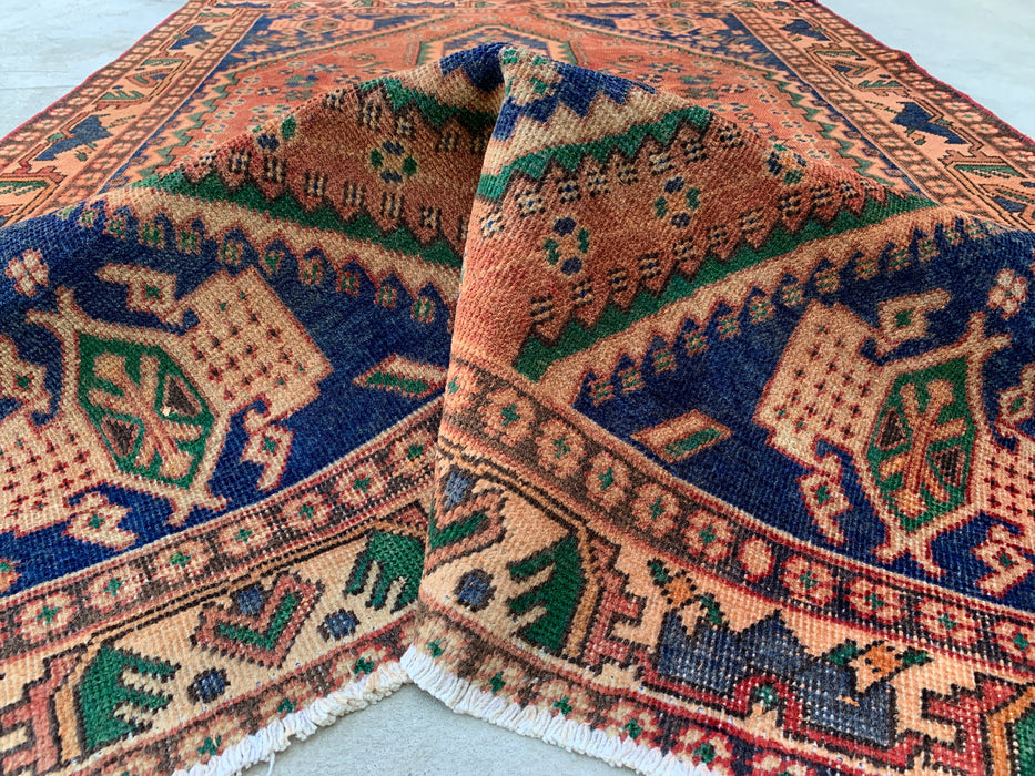 6'4 x 4'8 Hand-Knotted Persian Wool Rug - Beige Geometric Medallion Design with Navy & Green Accents - KBHM-858