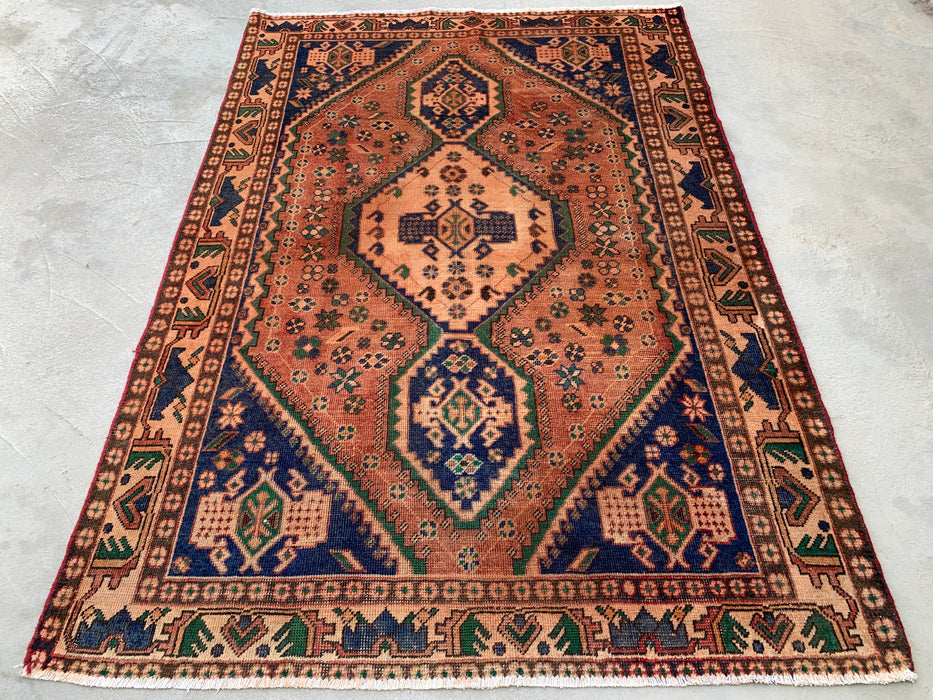 6'4 x 4'8 Hand-Knotted Persian Wool Rug - Beige Geometric Medallion Design with Navy & Green Accents - KBHM-858