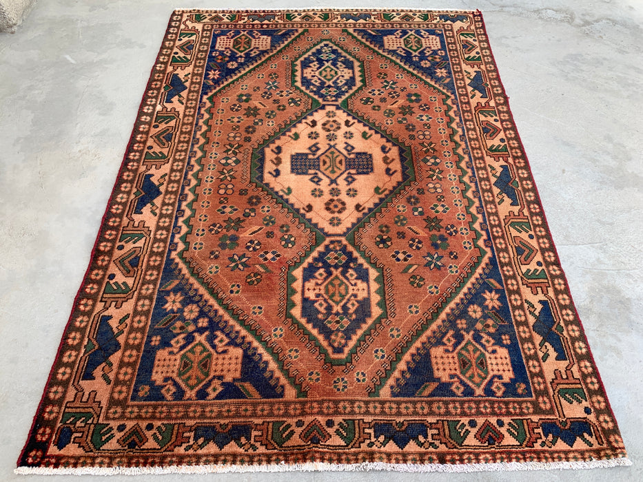 6'4 x 4'8 Hand-Knotted Persian Wool Rug - Beige Geometric Medallion Design with Navy & Green Accents - KBHM-858