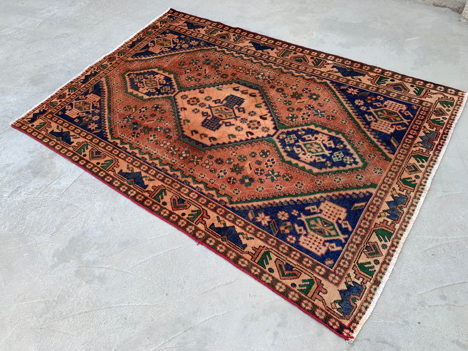 6'4 x 4'8 Hand-Knotted Persian Wool Rug - Beige Geometric Medallion Design with Navy & Green Accents - KBHM-858