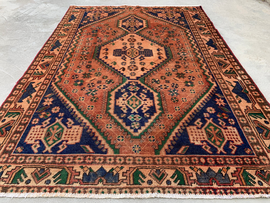 6'4 x 4'8 Hand-Knotted Persian Wool Rug - Beige Geometric Medallion Design with Navy & Green Accents - KBHM-858