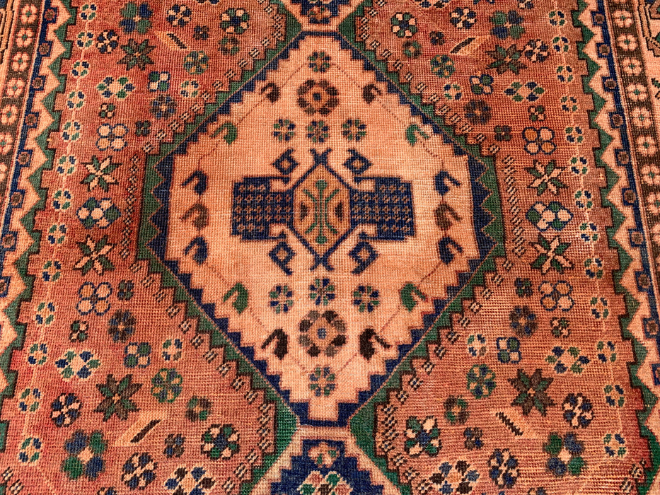 6'4 x 4'8 Hand-Knotted Persian Wool Rug - Beige Geometric Medallion Design with Navy & Green Accents - KBHM-858