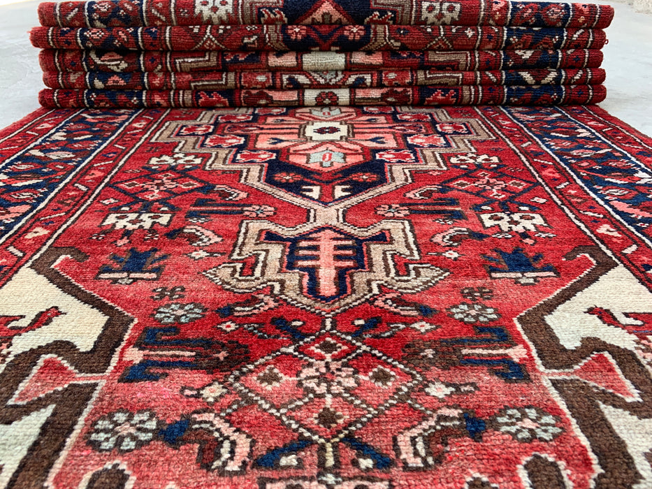 12'7 x 3'6 Hand-Knotted Persian Wool Runner - Red Geometric Tribal Medallion Design - KBHM-860